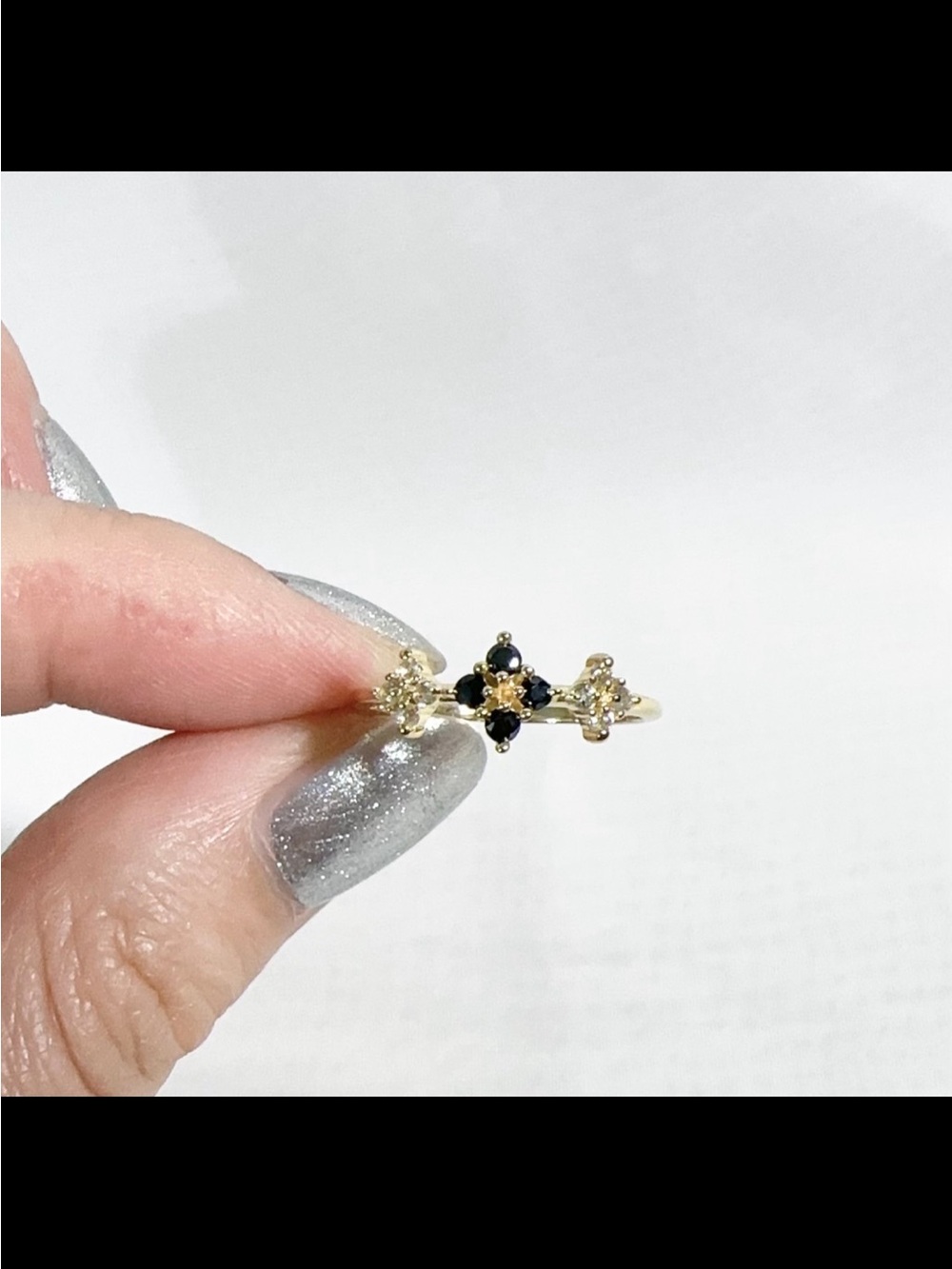 925 Stamped, 14k gold plated natural black spinal & white topaz flower ring